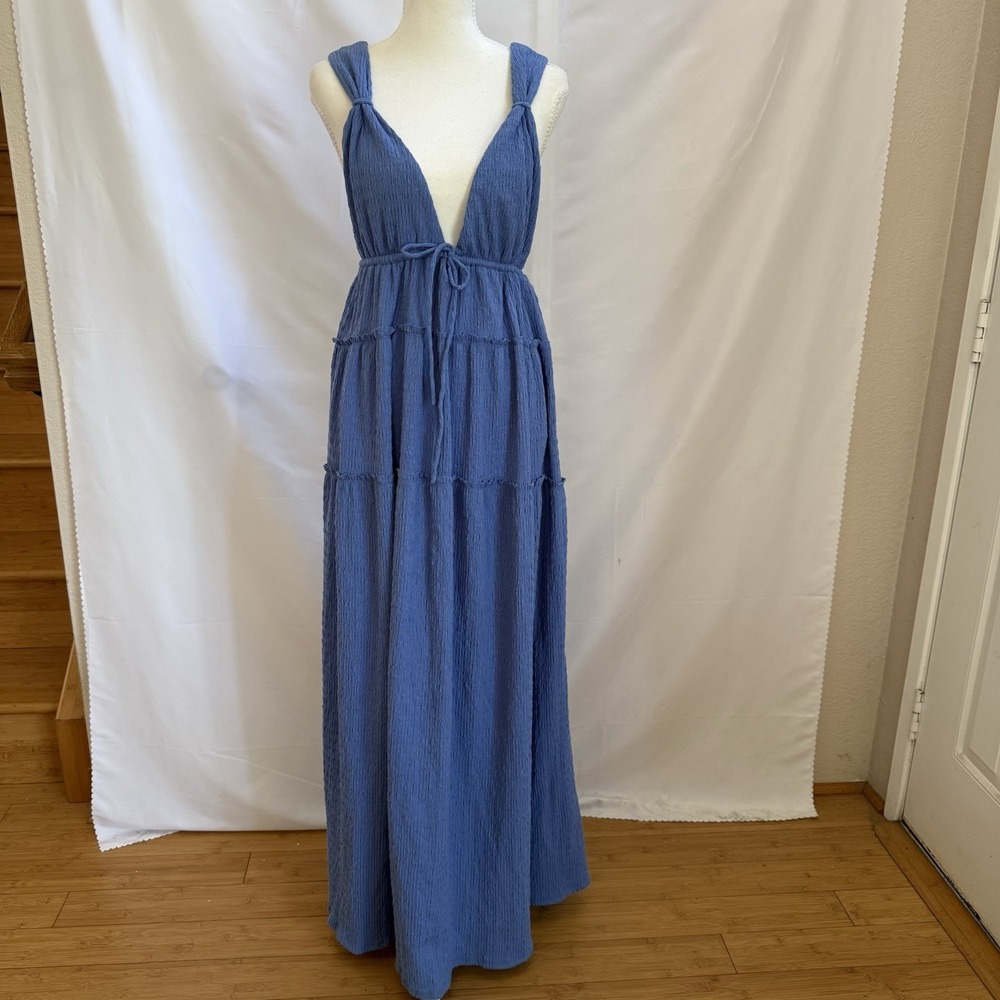 FP Beach by Free People Blue Maxi Dress Women's Deep V Tie Back Size S
